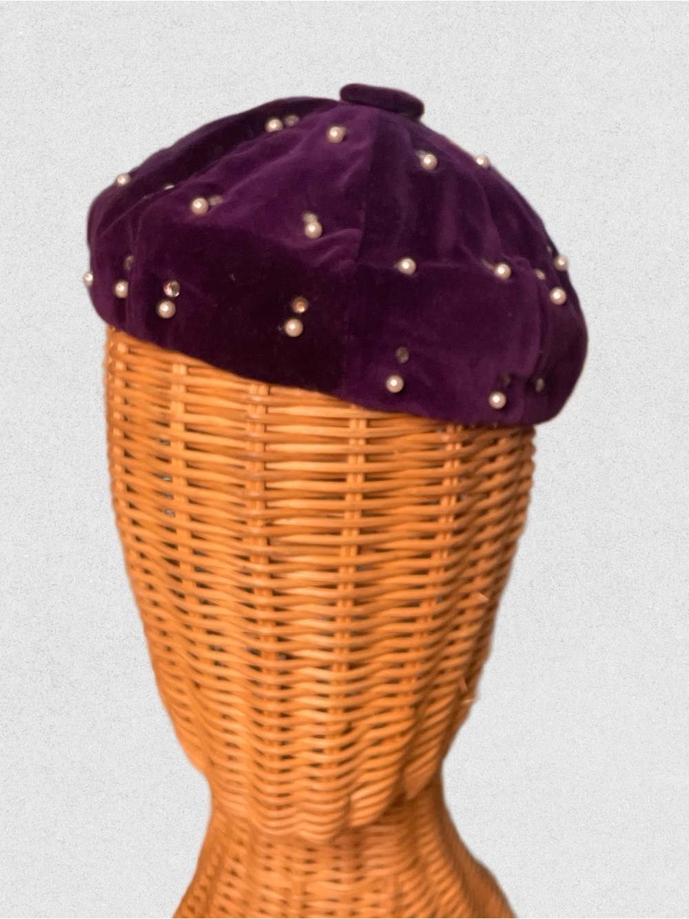 Vintage 60s Purple Velvet Pearl-Embellished Beret